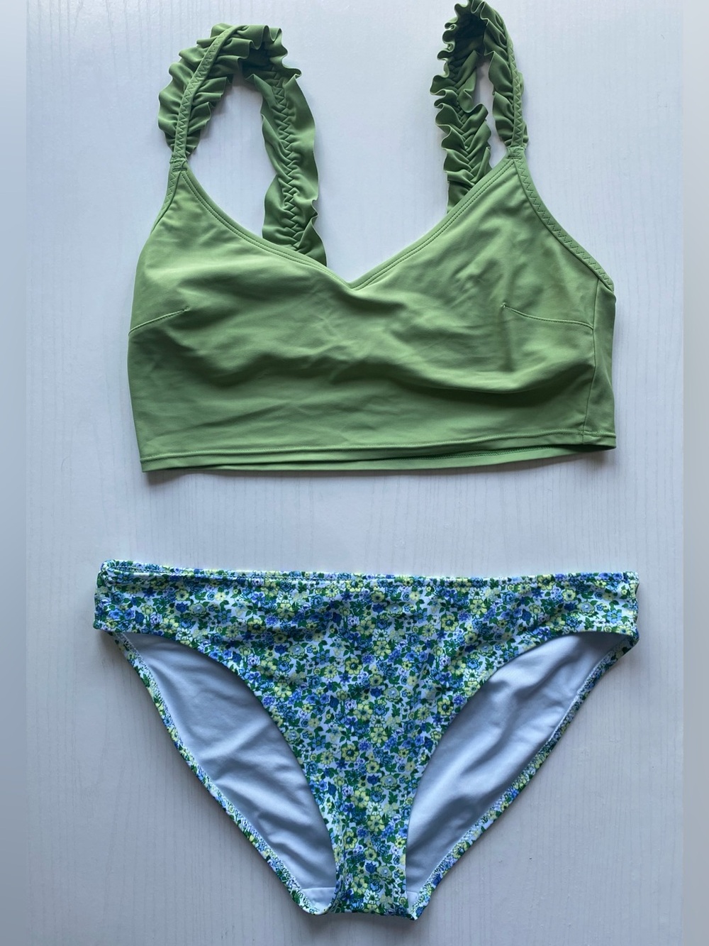 aerie Green Ruffled Strap Bikini Top with Floral Bikini Bottom
